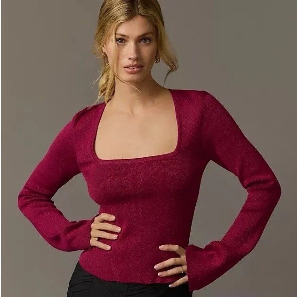 Maeve Anthropologie Sparkle Square Neck Long Sleeve Top Magenta Womens S